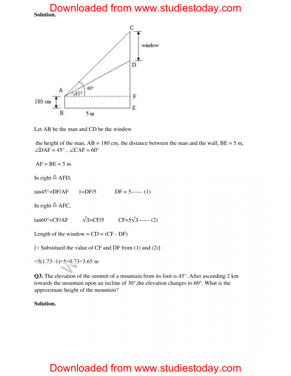 Cbse Class 10 Mathematics Hots Trigonometry Set B